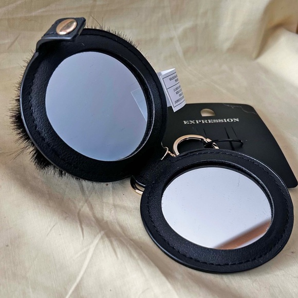 POM POM FOR PURSE OR ELSEWHERE, RABBIT FUR, BLACK WITH MIRROR ATTACHED, - Picture 3 of 3